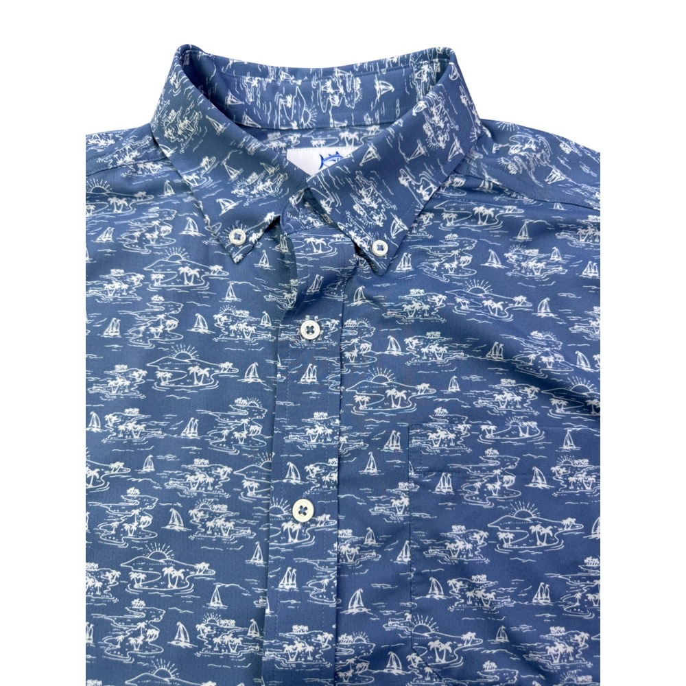 Southern Tide Mens Brrr Performance Island Print Button Down Shirt Blue Medium